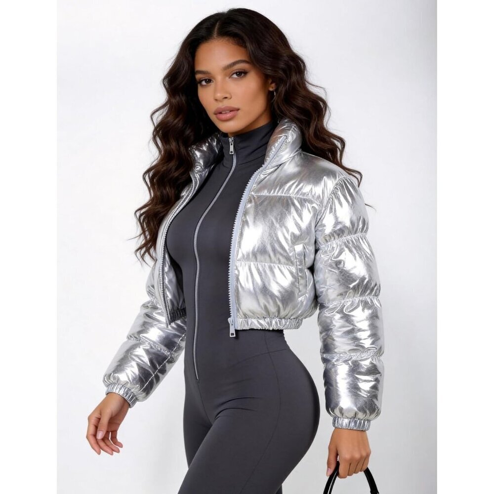 Women's Silver Metallic Cropped Zip-up Winter Coat Outerwear Puffer Jacket - Picture 2 of 6